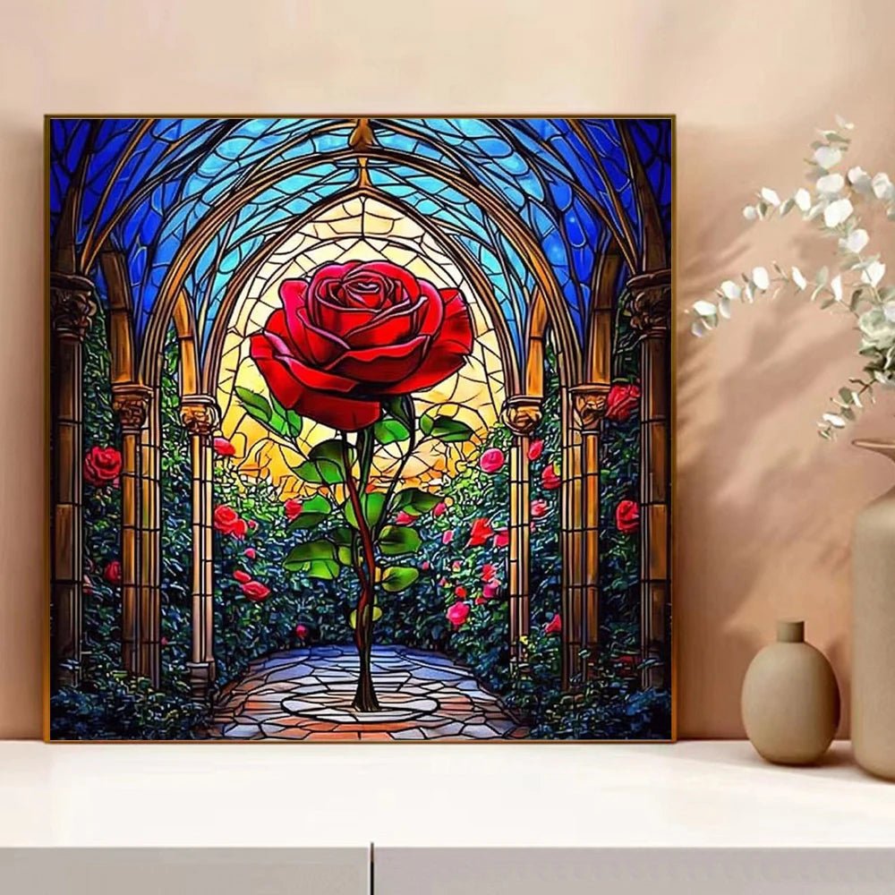 tableau broderie motif floral rose arches vitrail fond jardin rubans fils couleur variées débutants