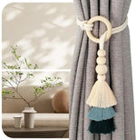 boucles rideau boho chic franges tissu coton beige blanc cassé anneaux circulaires fixations rideaux