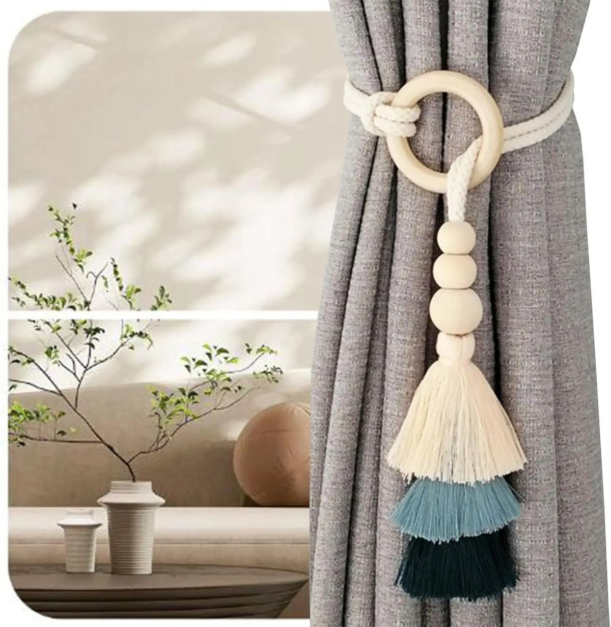 boucles rideau boho chic franges tissu coton beige blanc cassé anneaux circulaires fixations rideaux