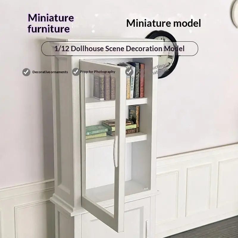 meuble miniature blanc classique maison poupée bibliothèque armoire porte transparente tiroir horloge livresDecoration intérieure