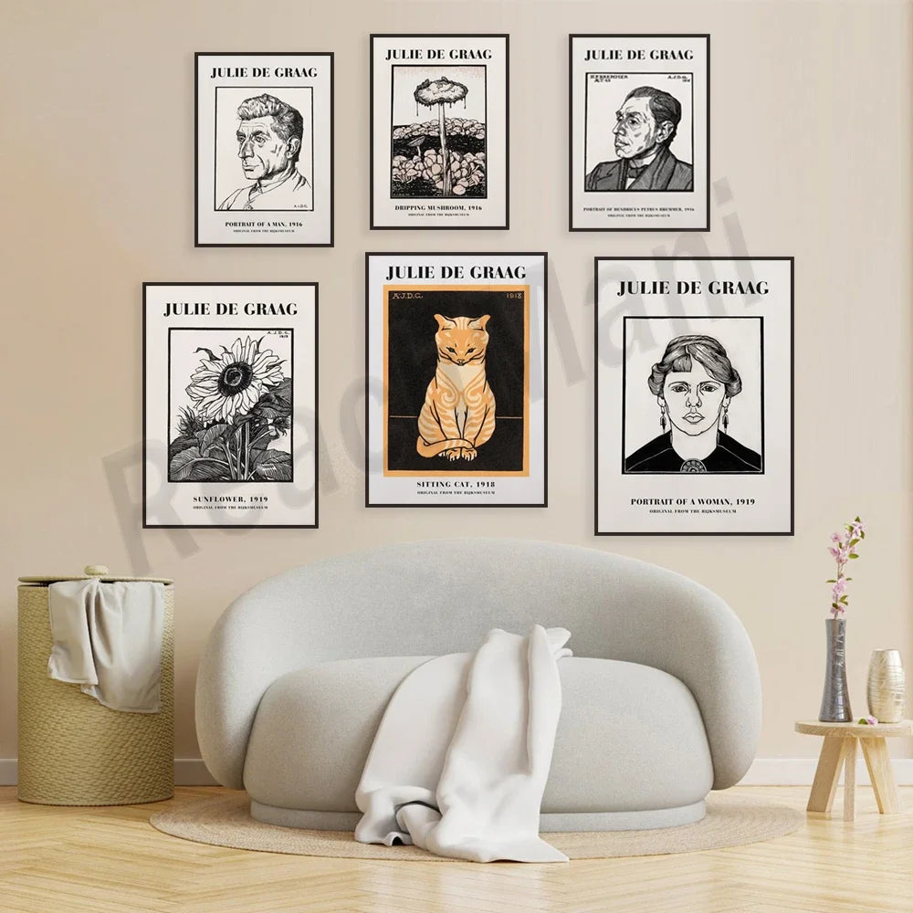 Un ensemble d'affiches artistiques représentant des œuvres de Julie de Graag, une artiste néerlandaise connue pour ses illustrations de nature et de portraits.