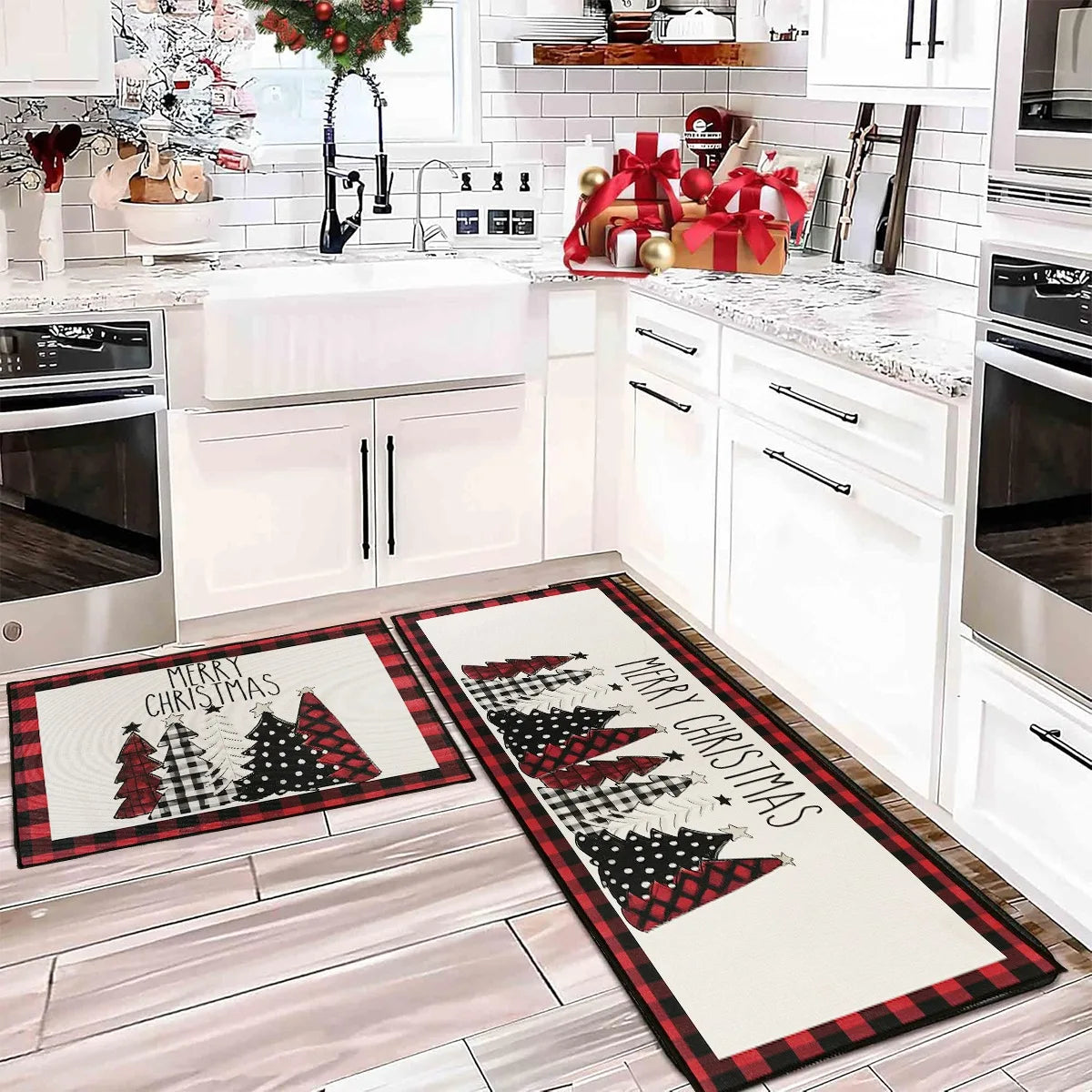 tapis sol carreaux rouge noir blanc sapins rennes noel merry christmas festive déco