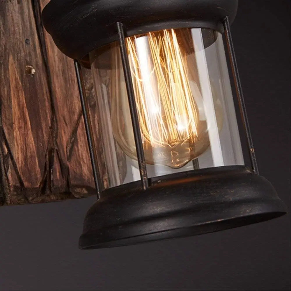 lampe murale vintage bois métal noir verre transparent bar restaurant rustique