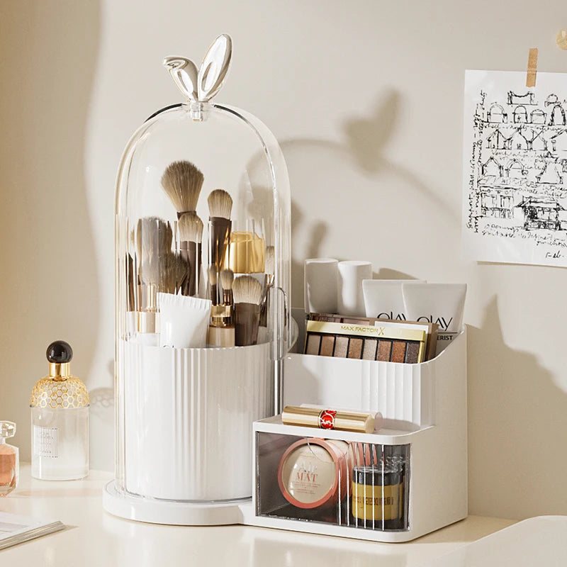 organisateur maquillage blanc rose moderne rayures transparent rangement palette crèmes brosse fards minimaliste