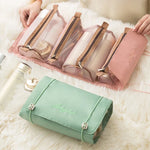 Sac cosmétiques multi usages pliable rose clair moderne poignée dorée fermeture glissière