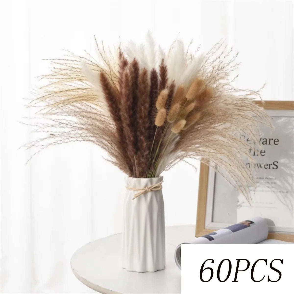 bouquet fleurs séchées plumes pampa beige blanc naturel rustique décoration intérieur mariage anniversaire fête