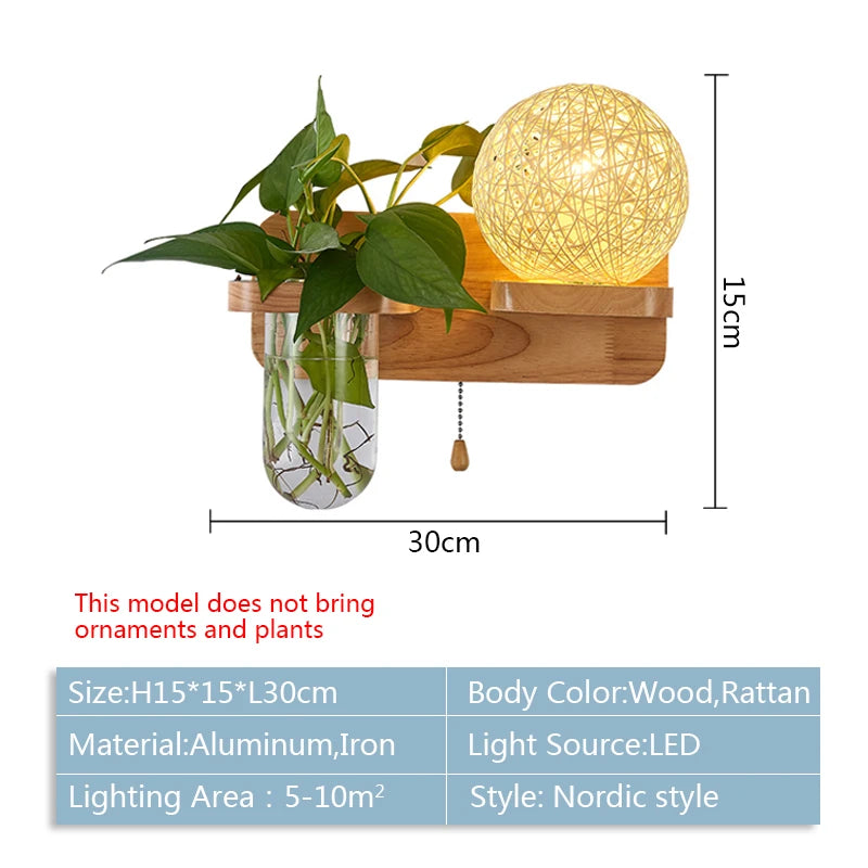 lampe murale scandinave bois naturel feuilles vertes plante boule lumineuse chaîne éclairage chambre salon