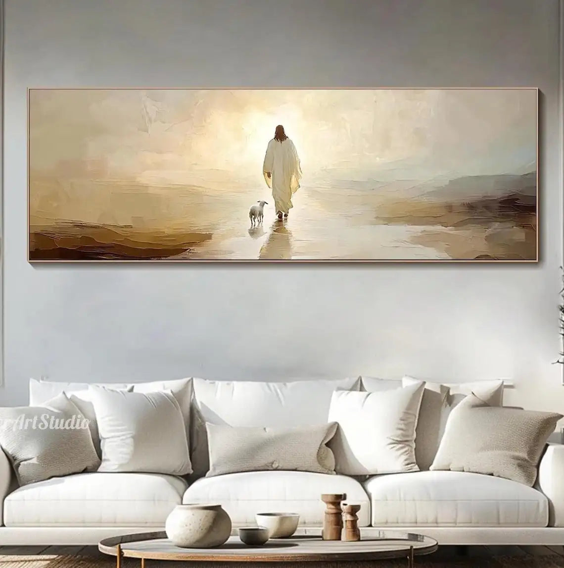 tableau moderne paysage abstrait nuages montagnes beige marron gris blanc sans cadre toile impression