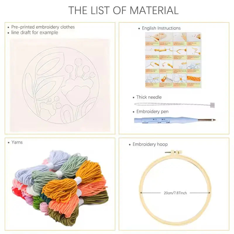 kit broderie punch needle débutants motif floral aiguille fil tissu multicolore artisanal instructions anneaux