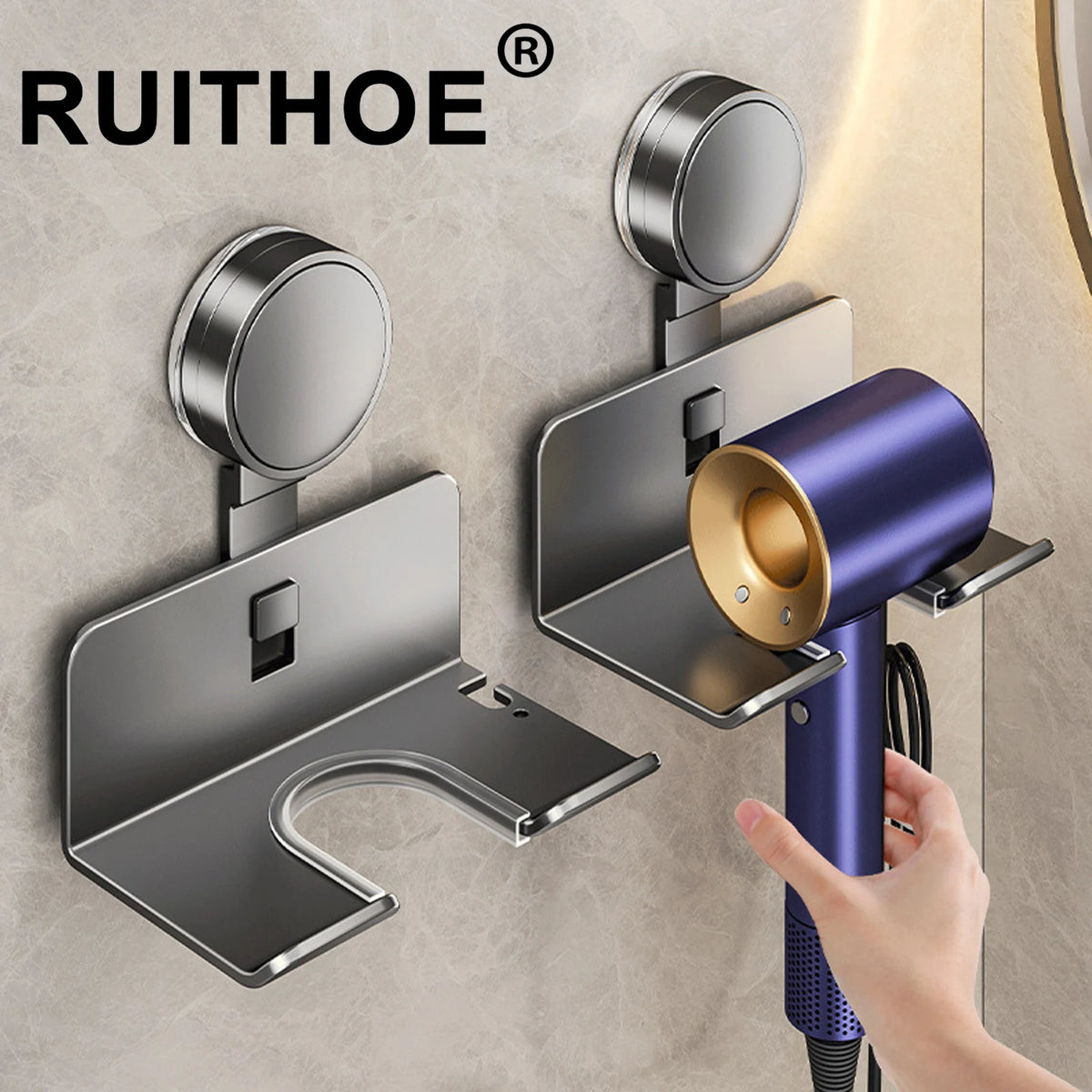 support mural porte sèche cheveux gris métallisé moderne brillant salle bain aluminium électroplaqué