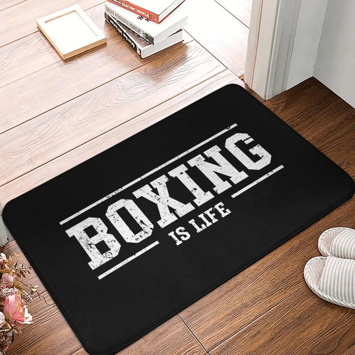 tapis sol noir boxing is life lettres blanches moderne antidérapant polyester 60x90cm