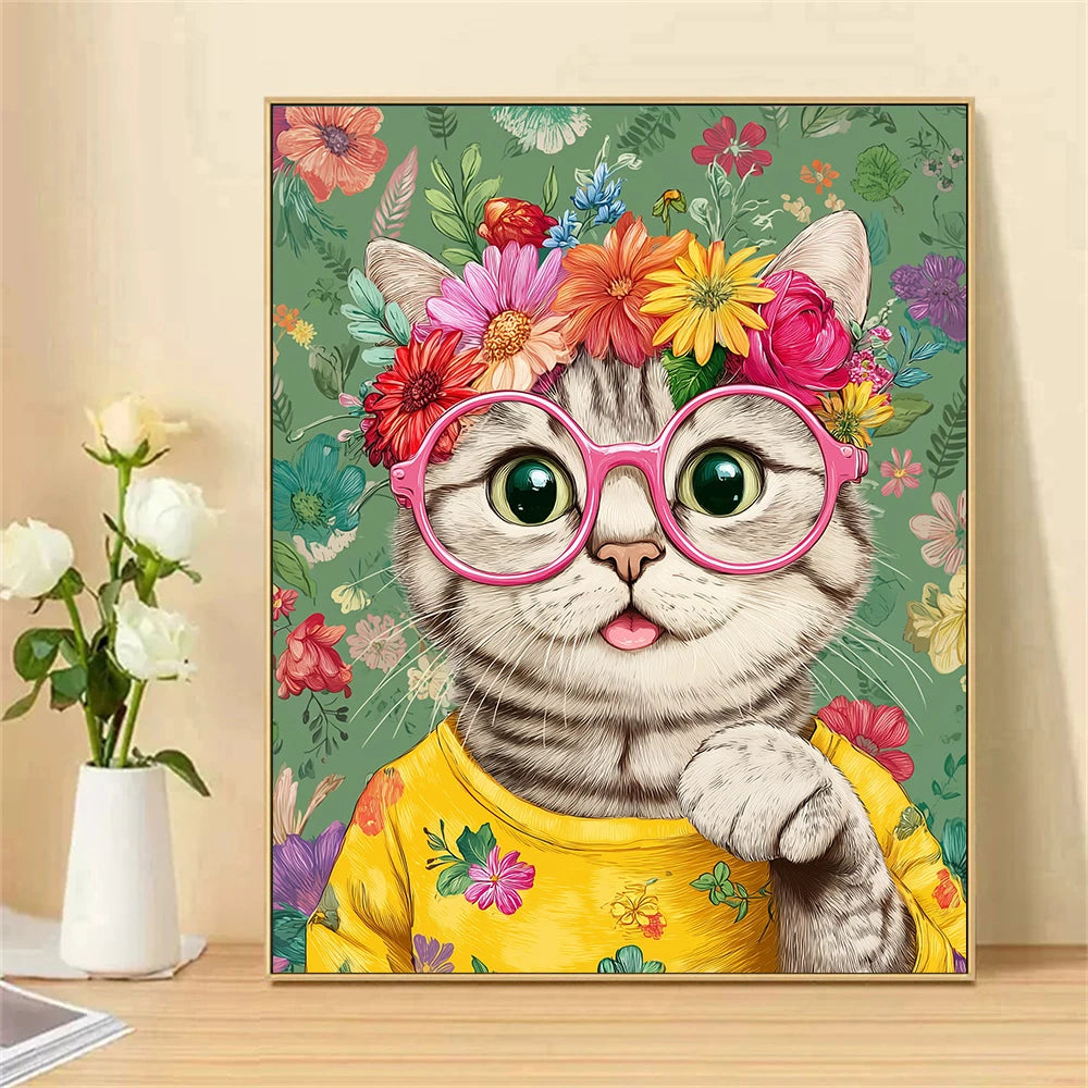 tableau peindre numéro adulte chat fleurs peinture huile toile contemporain diy frame pinceaux