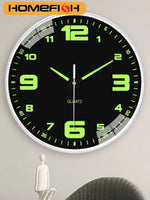 horloge murale moderne fond noir cadres blancs aiguilles vert fluo números blancos lignes blanches