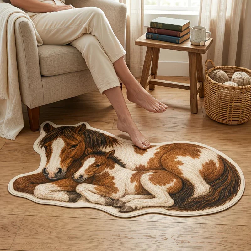 tapis décoratif salon chambre motif cheval floral beige marron blanc doux antidérapant intérieur maison