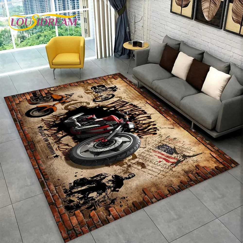 Tapis 3D moto dans un salon moderne