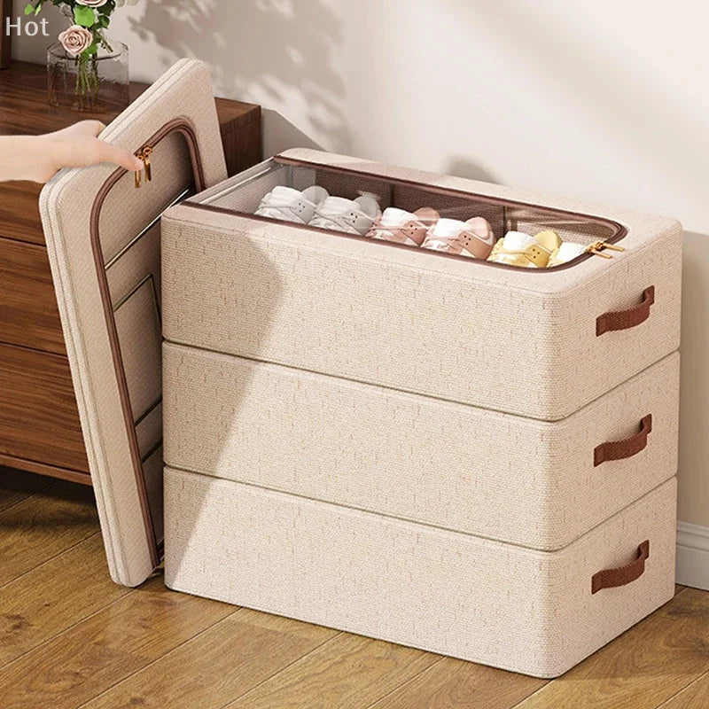 boîte rangement pliable chaussures tissu lin moderne poignées robustes transparente conteneur storage