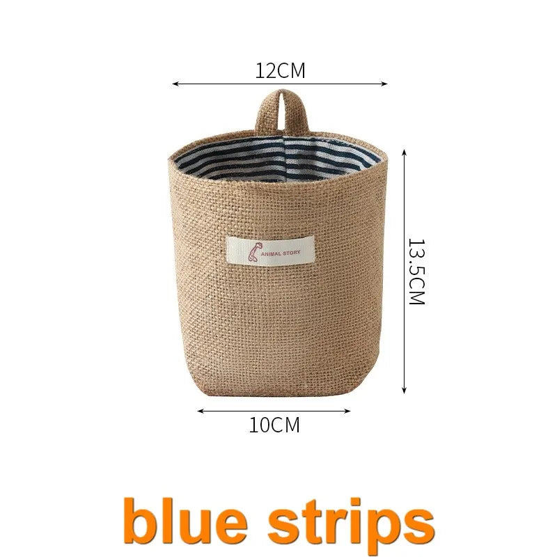 sac rangement toile jute pois rayures beige bleu clair rustique boho chic pliable crochet