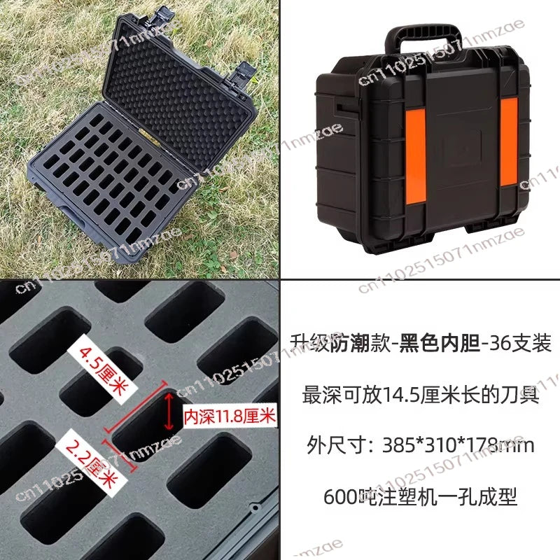 boîte rangement pratique robuste noir orange intérieure mousse compartiments étanches outils externes couteaux pliants