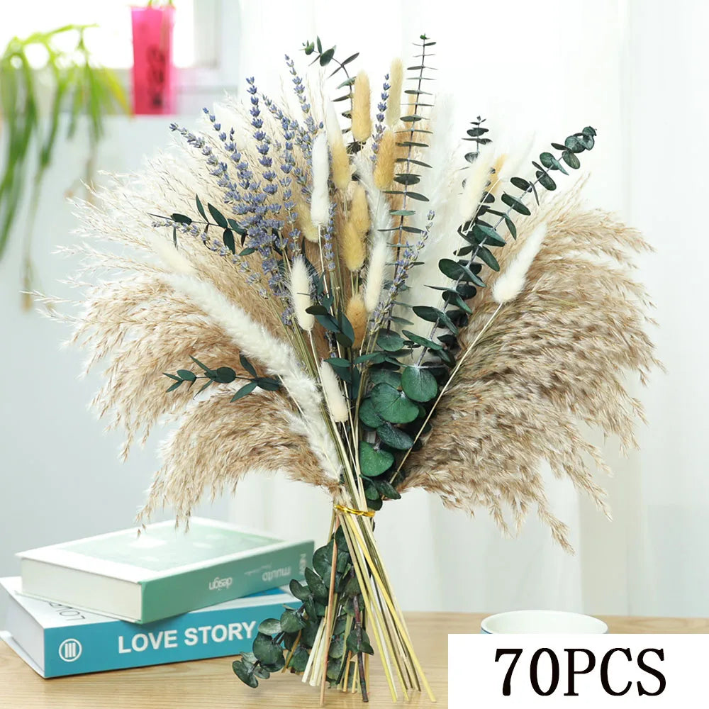 Bouquet fleurs séchées naturel marron beige violet blanc plumes pampas rustique maison table decoration