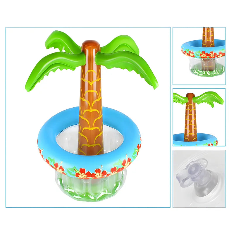 flotteur gonflable palmier boissons transparence verte bleu rouge tropical festif plage piscine
