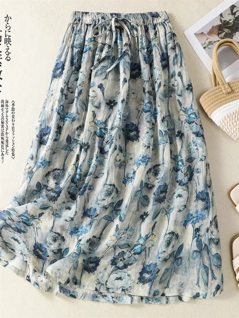 Jupe lin polyester fleur imprimée décontracté casual blanc bleu gris été