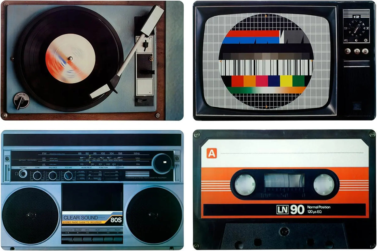 tapis table vintage rétro motifs graphiques couleurs variées platines vinyle radiocassettes