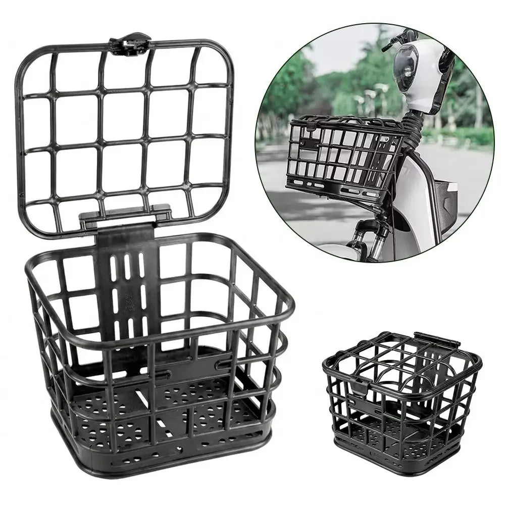 panier avant vélo électrique noir couvercle plastique structure grille utilitaire transport fruits légumes