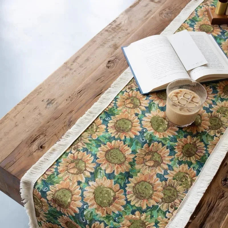chemin table fleurs tournesols vert jaune coton polyester classique maison cuisine dcoration