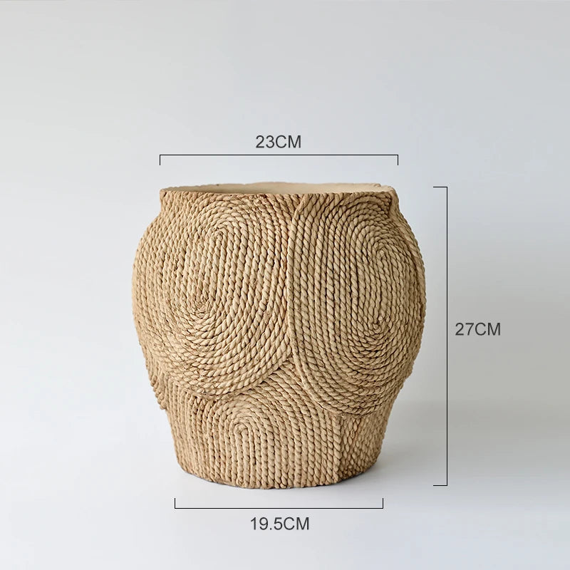 Pot plante tissé marron clair moderne rustique plante verte graines noires serviette blanche
