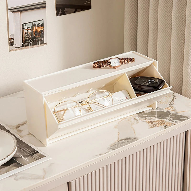 boîte rangement murale adhésive moderne compartimentée écouteurs montres lunettes blanc noir