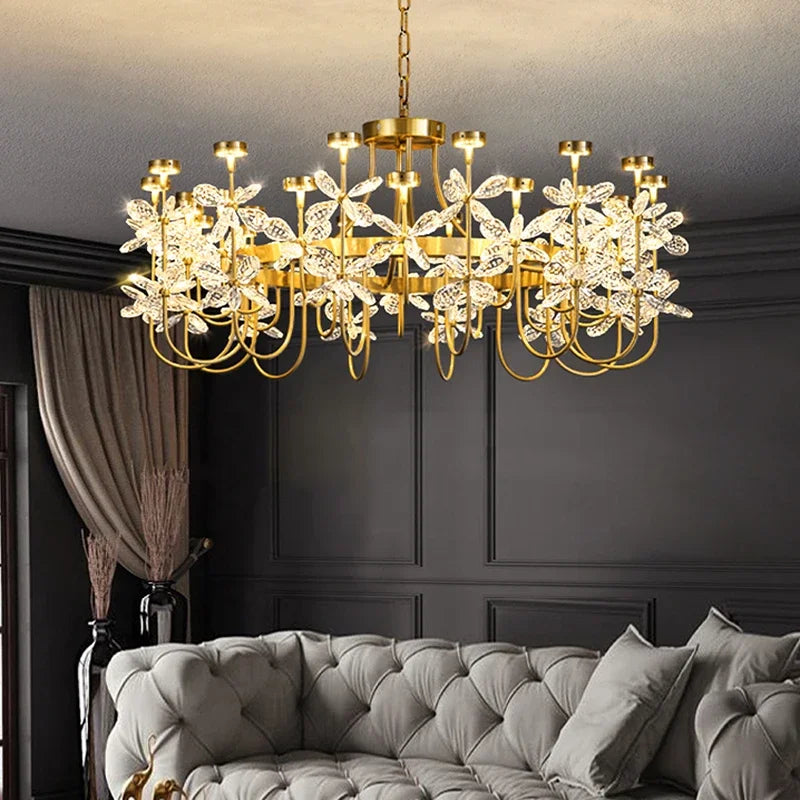 lustre or cristal transparent fleurs classique suspension chaines led moderne