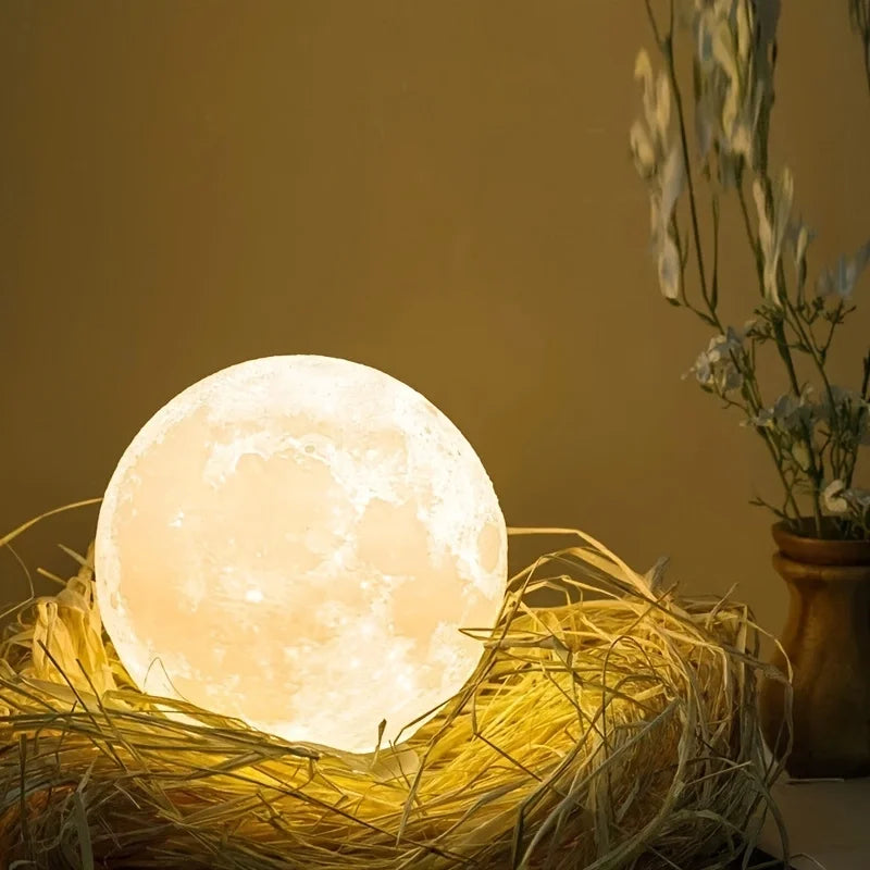 lampe table moderne veilleuse lune 3d blanc beige texture marbrée support bois chambre coucher