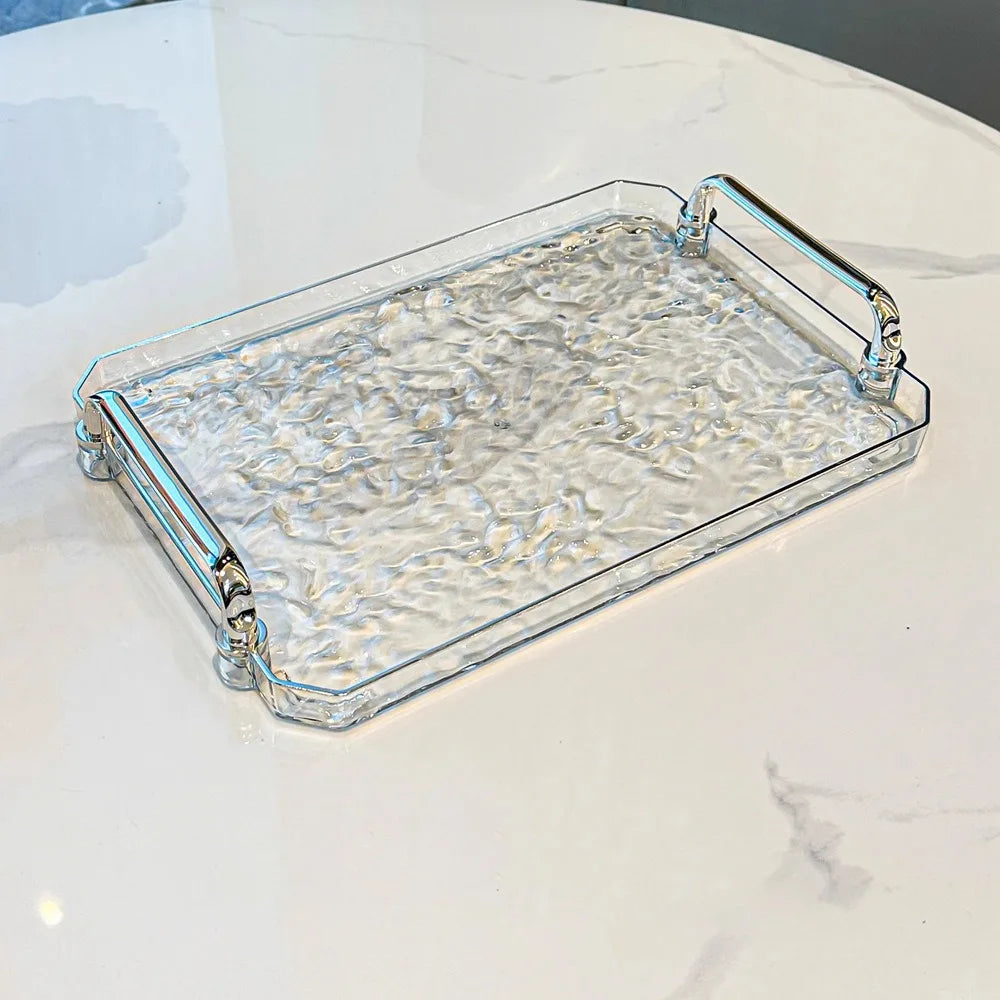 plateau service transparent effet miroir moderne poignées métal porte bijoux serviette taille
