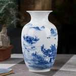 vase céramique traditionnel chinois blanc rouge bleu oiseaux bambous calligraphie paysagesOpaque 22cm