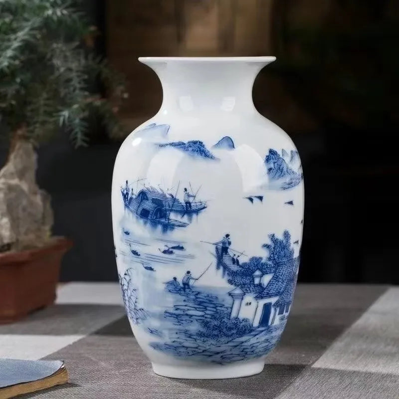 vase céramique traditionnel chinois blanc rouge bleu oiseaux bambous calligraphie paysagesOpaque 22cm