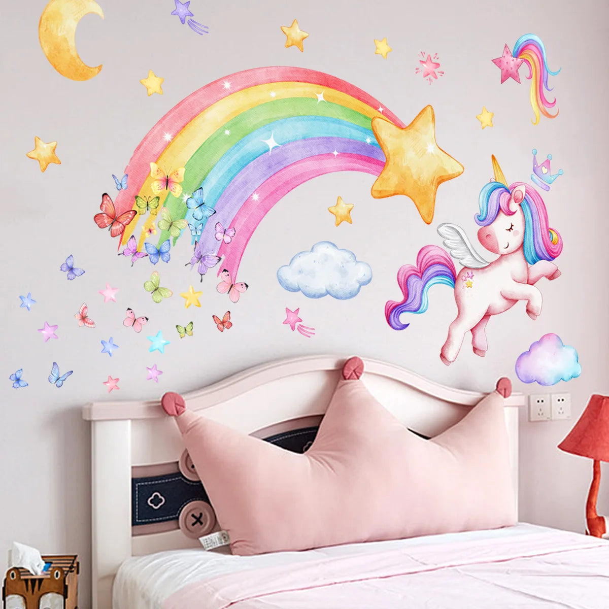 sticker mural licorne arc ciel papillons étoiles nuages dessin animé adhésif chambre enfant deco