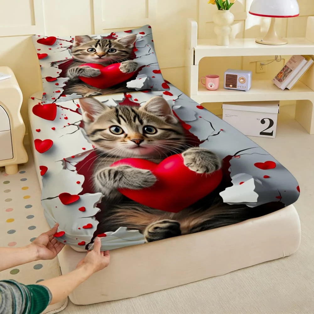 drap plat motif chaton cœur rouge moderne gris coton polyester lit chambre