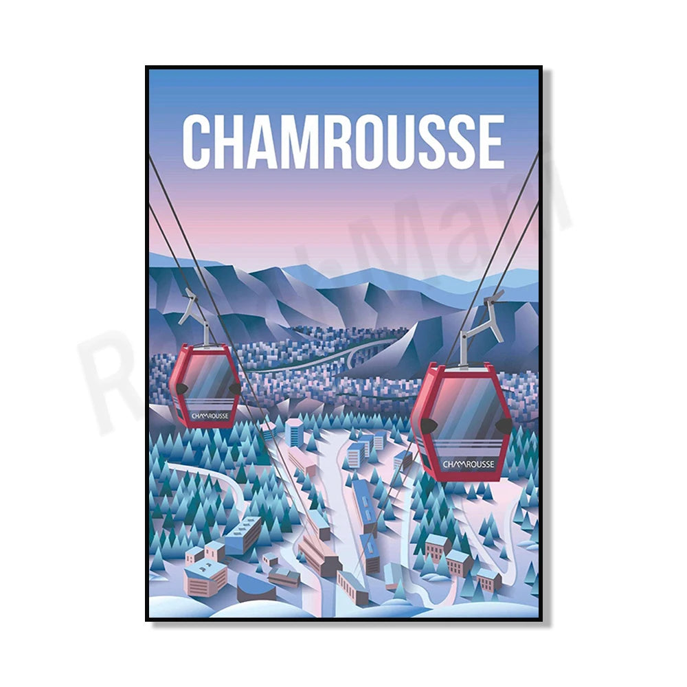 Une affiche vintage représentant un paysage enneigé avec des remontées mécaniques dans la station de ski de Chamrousse.