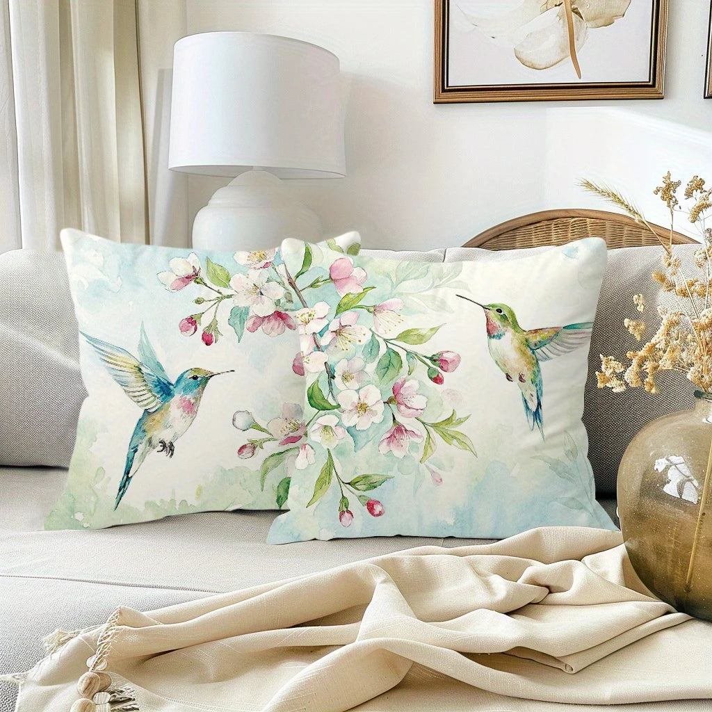 housses coussins carrés fleurs oiseaux printemps polyester blanc opacité zipper lit canapé décoration