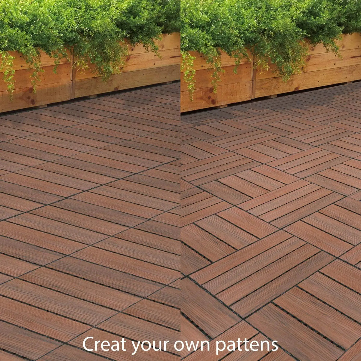 dalles sol extérieures modulaires bois rustique marron foncé texture naturelle connecteurs intégrés 30cm 30cm