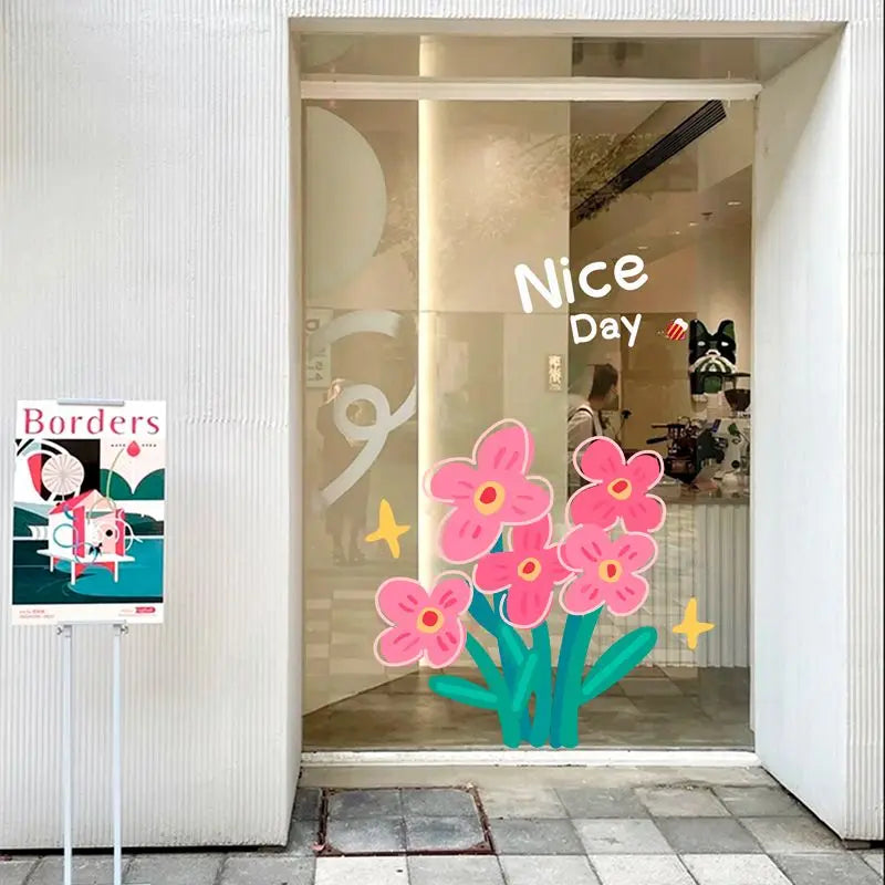 autocollants fleurs stylisées nice day moderne diy pvc adhésif rose vert blanc jaune gris
