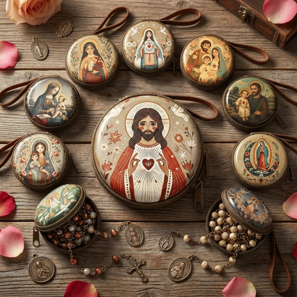 boîte rangement métal zipper illustrations religieuses saints coeurs sacrés multi usages opaques