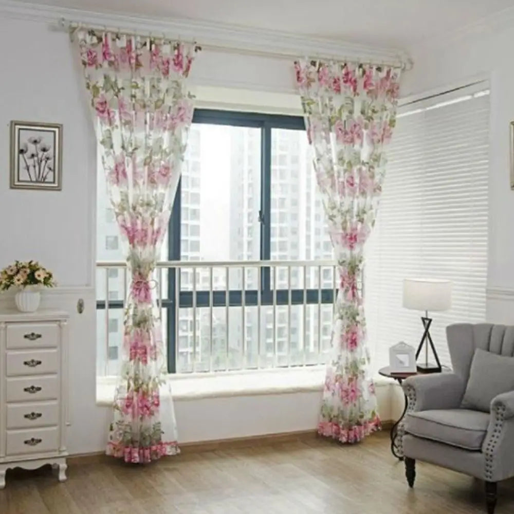 rideau fleur pivoine violet rose jaune transparent classique anneauxextérieur salon européen américain
