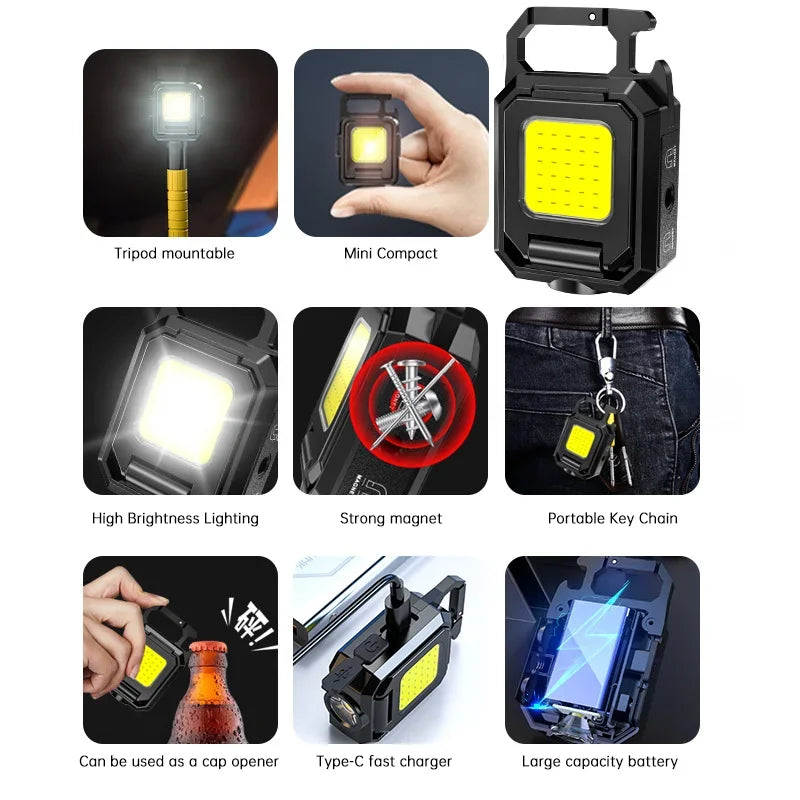 lampe torche led rechargeable clips aimant porte clés noir bleu jaune COB tactile type