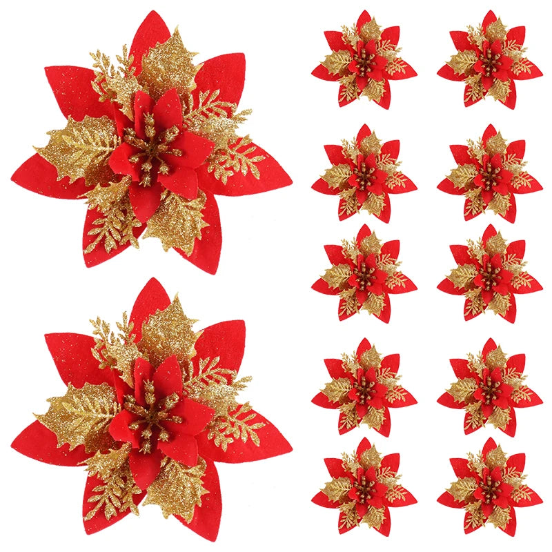 décoration noël fleurs artificielles rose glitter rouges décoratives festive maison