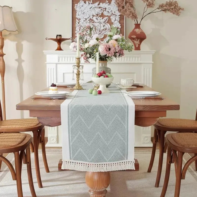 chemin table moderne motif géométrique beige gris clair tissu polyester opaque