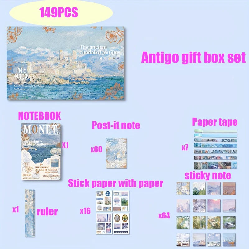 coffret cadeau papeterie artistique vintage bleu or motifs impressionnistes notebook stickers wasabi tape rouleaux