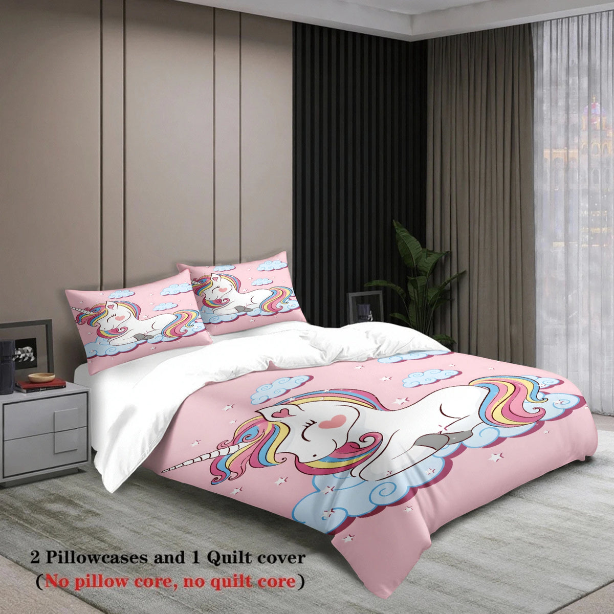 housse couette licorne nuages étoiles rose blanc enfant taies d'oreiller polyester motifs fantaisie chambre