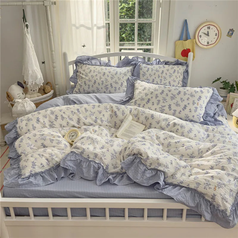 ensemble literie princesse housse couette drap taies oreiller fleurs roses romantique doux