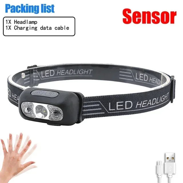 lampe frontale led rechargeable usb puissante portable camping pêche urgence sensoriel chargeur moderne pratique